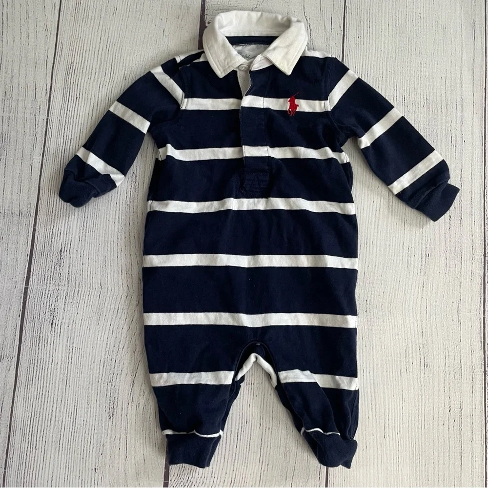 Ralph Lauren Blue & White Striped Long Sleeve Romper size 3 months